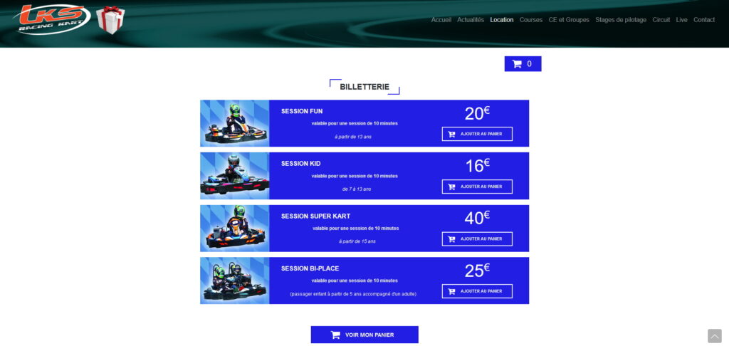 Page internet LKS des prestations karting